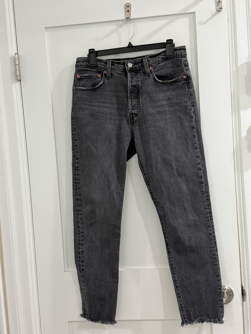 Levi’s 501 Skinny faded black denim distressed jeans w/ button fly (fair)